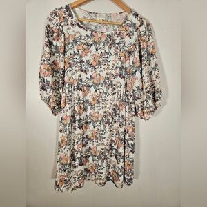 Ava James LG Mini Dress Linen Blend Balloon sleeve Floral Cottage Fairy